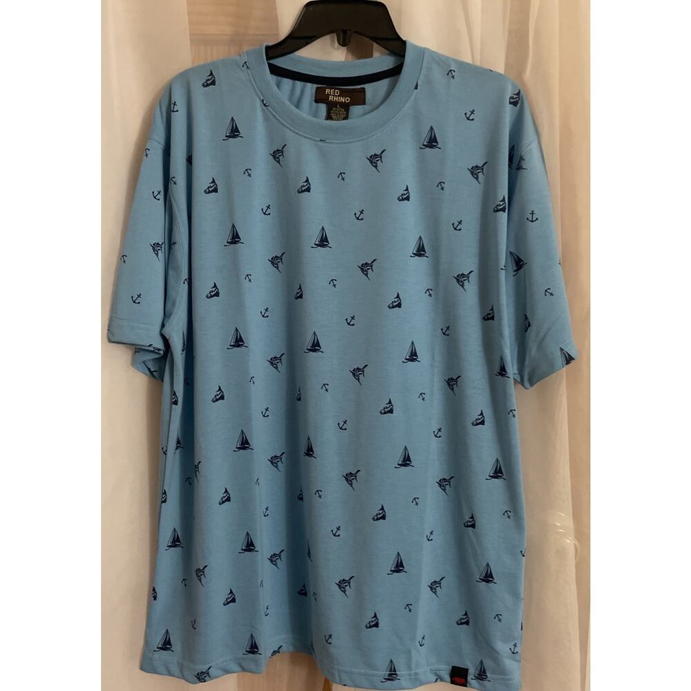 Red Rhino Large Men’s Tee Shirt Fish Sail Boats Design Blue Travel Casual‎